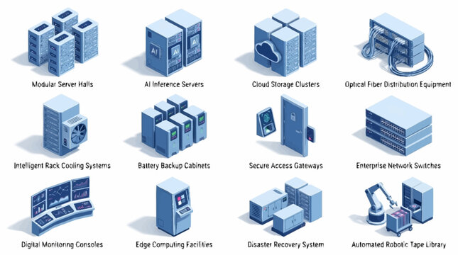 Collection of futuristic server and network system icons.