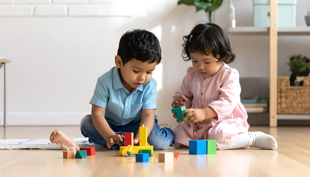 Two young children, a boy and a girl, playing on the floor with colorful building blocks, engaging in early childhood development and learning