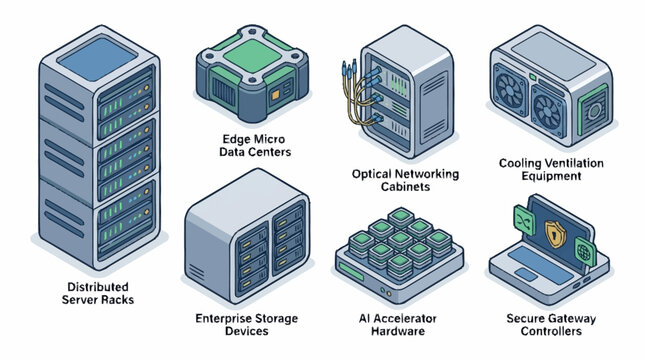 Isometric Data Center Hardware and Networking Equipment Illustration.