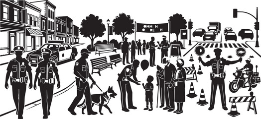 Community policing officers and civilians interact during a street event with traffic control and a K9 unit © MOSLEMA