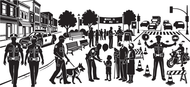 Community policing officers and civilians interact during a street event with traffic control and a K9 unit