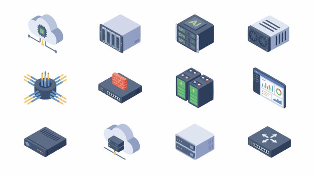 Isometric Technology Server Rack Icons Collection.