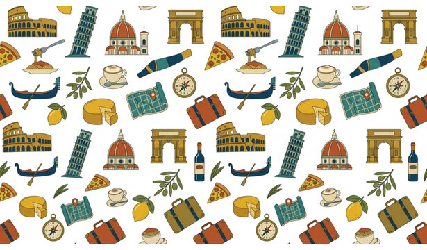 Italy travel seamless pattern with landmarks and cultural icons