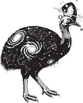 Cosmic bird silhouette consuming planet against starry nebula background in stylized illustration