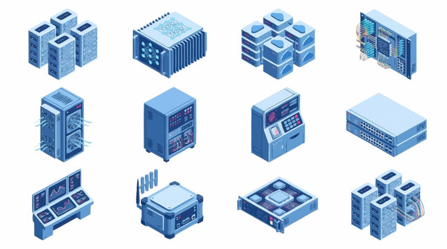 Isometric Blue Data Center Servers Collection.