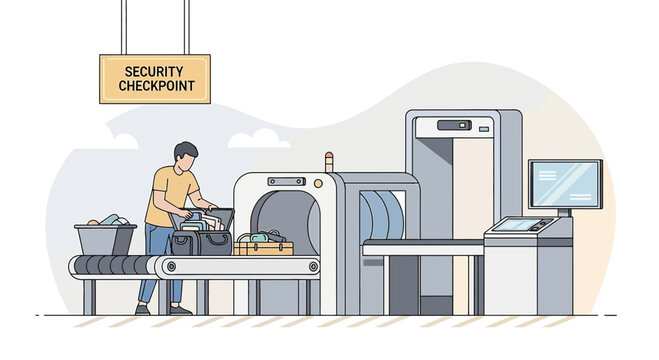 Airport security checkpoint with passenger and luggage scanning.