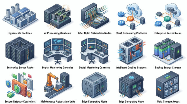 Isometric Data Center and Network Infrastructure Concept.