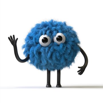 Fluffy, cute monster waving, symbolizing greeting or friendliness. 3D rendering, conceptual image. Isolated on white background.