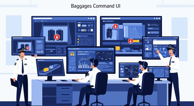 Airport Security Control Room with Baggage Screening and Staff