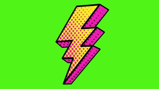 3D animated pop art lightning bolt icon rotating with halftone dots on a green screen for video compositing.