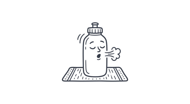 Cartoon water bottle character exhaling air, simple line art, white background
