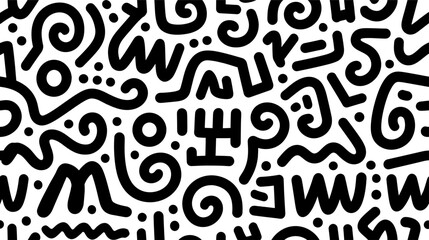 Seamless black and white doodle pattern creating a pop art background texture with abstract shapes, lines, and dots, expressing movement and creativity © Newleks