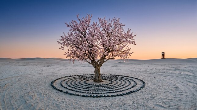 Nuclear Themed Desert Landscape with Stone Circle and Blooming Tree at Sunset