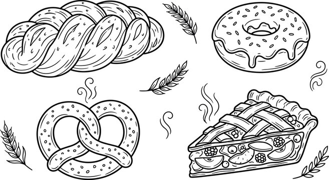 Fresh Bakery Products and Sweet Pastry Collection Vector Illustration with Braided Challah Bread Frosted Donut Salty Pretzel and Apple Pie Slice