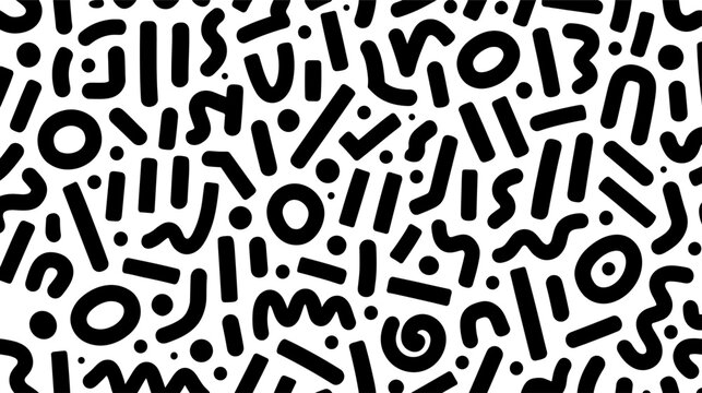 Abstract memphis style seamless pattern with black geometric doodles and lines on a white background, creating an energetic and playful retro design