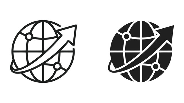 Global network connection icon set showing globe with orbit arrow and communication nodes in professional black and white vector style for international connectivity and logistics management