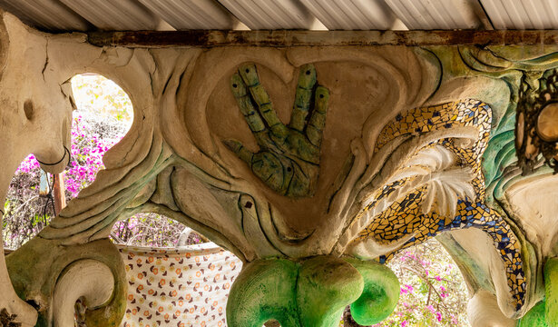 Huge sculpted palm on wall in main hall in yard of Ahla Zayit farm in Sde Eliezer in southern Israel