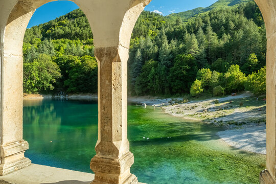 Beautiful Lago di San Domenico lake and Eremo di San Domenico in Italy