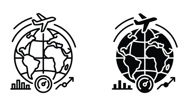 Airplane flight path around globe with performance gauge and data chart for global aviation analytics and travel efficiency tracking in professional vector style