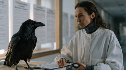 Obraz premium Animal cognition researcher presenting a spatial memory task to a raven inside a behavioral research enclosure, stopwatch in hand, data recording sheet attached to a clipboard, university research p