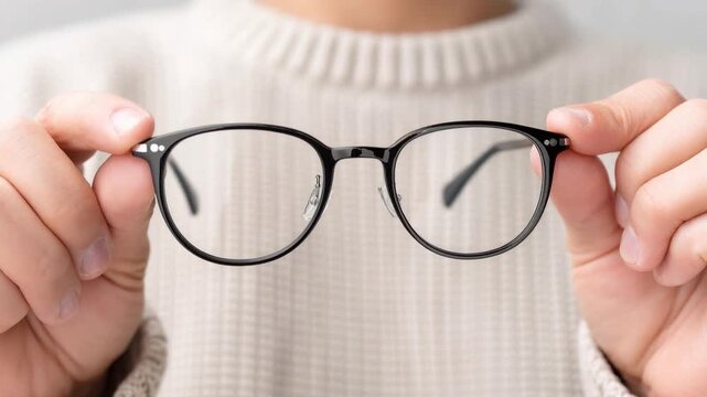 Close-up of person holding black frame eyeglass lens in front of beige sweater blurred background showing focus and clarity concept