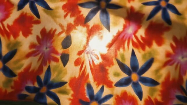 A vibrant and colorful floral or batik pattern with blue and red flowers on a textured background.