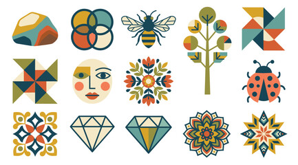 A vibrant collection of stylized floral and botanical, another object shapes in a retro mid century modern aesthetic isolated on light background © bow