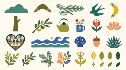 A vibrant collection of stylized floral and botanical, another object shapes in a retro mid century modern aesthetic isolated on light background © bow
