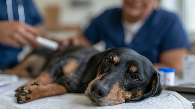 Veterinary technician draws blood from the cephalic vein of a sedated dachshund stretched on an exam table, a heartworm antigen test kit visible in the tray beside the procedure under the harsh over