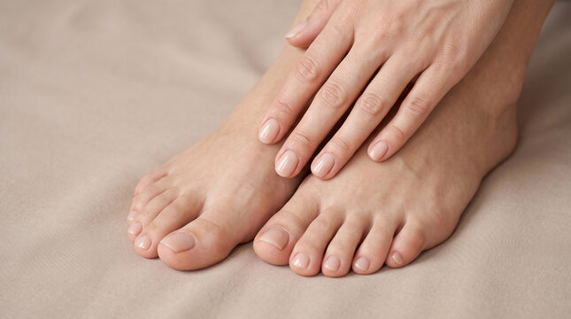 Studio shot of female hands and feet showcasing a clean, natural manicure and pedicure, minimalist close-up concept focused on professional nail and skin care