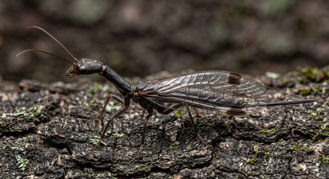 Extreme close up of elongated prothorax and head of predatory snakefly on rough wood