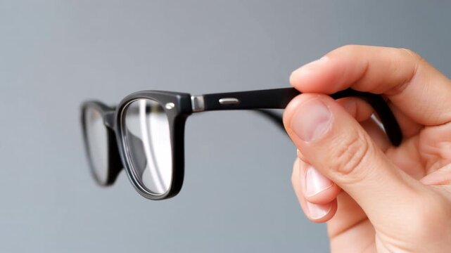 Hand holding black frame eyeglass with clear lens focusing on eyewear accessory in front of blurred neutral background with reflection