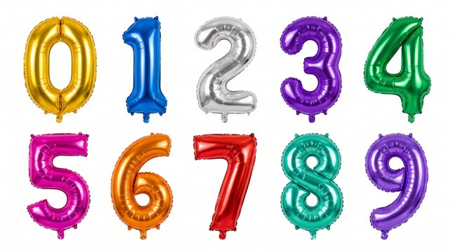 A full set of colorful metallic foil balloons shaped like numbers from zero to nine on a solid white background.
