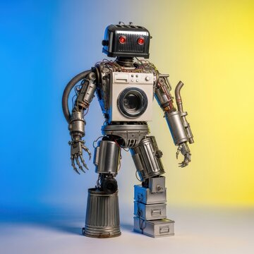 Low-budget science fiction android built from shiny silver metal and old appliance parts, standing awkwardly in a brightly lit studio environment, humor, imagination, bulky