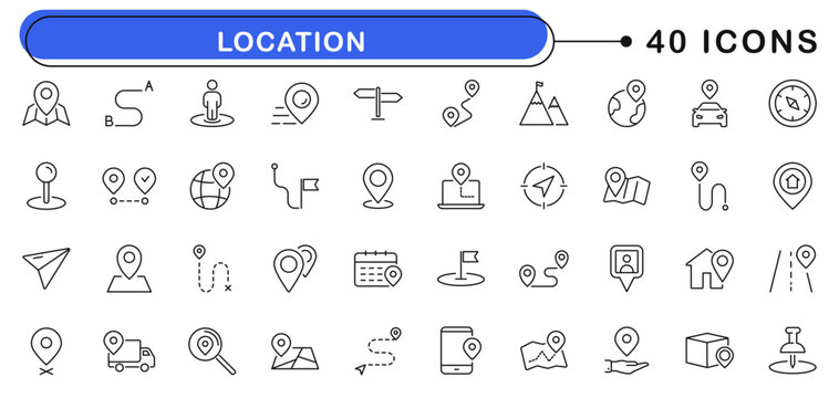Location and navigation icon set. Location icons in line style. Editable web icons. Pointer, address, marker, position,  map pin, direction, geolocation etc. Vector illustration.