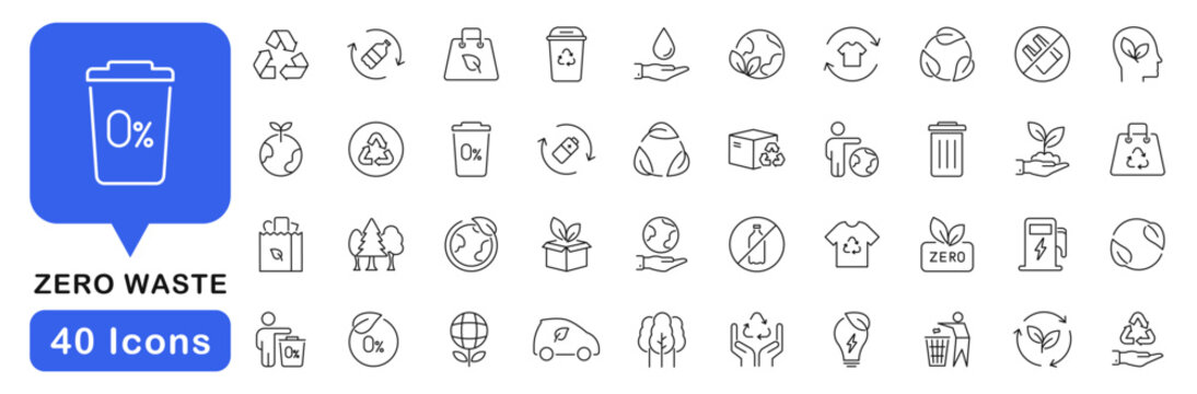 Zero waste icon set. Eco friendly icons in line style. Editable web icons recycling, waste management, composting, trash, composting, plastic free etc. Vector illustration.