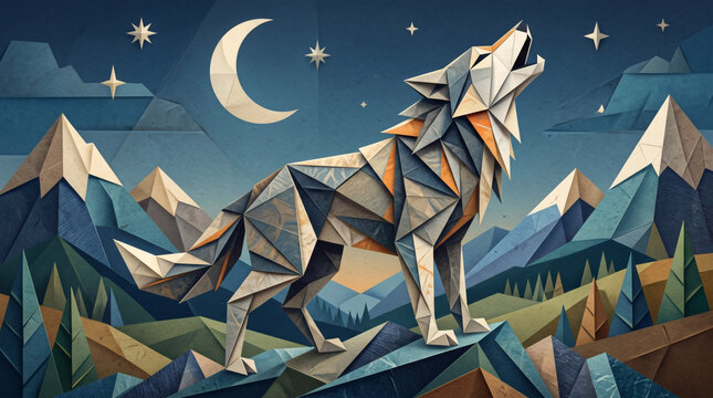 Abstract origami wolf in folded paper style animal illustration.