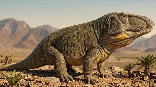 Erythrosuchus (Erythrosuchus africanus), Triassic archosauriform, scientifically accurate representation, massive skull, desert mountains