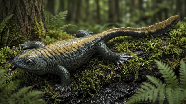 Eucritta (Eucritta melanolimnetes), Carboniferous tetrapod, scientifically accurate representation, salamander-like body on mossy log