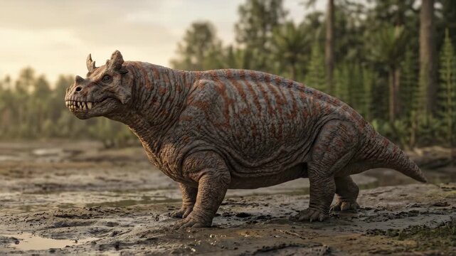 Estemmenosuchus (Estemmenosuchus uralensis), Permian synapsid, scientifically accurate representation, horned dinocephalian, muddy shore