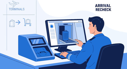 Fototapeta premium Airport security agent checks baggage scanner footage on computer at terminal