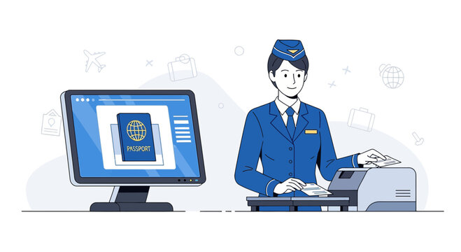 Airport Passport Control Officer Checking Travel Document with Computer