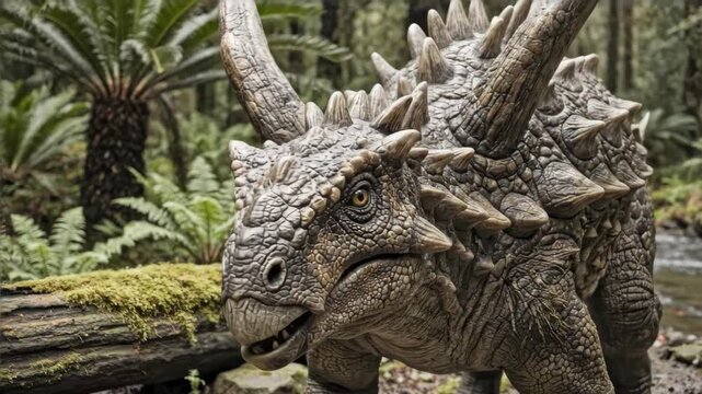 Gigantspinosaurus (Gigantspinosaurus sichuanensis), Jurassic stegosaur, scientifically accurate representation, huge shoulder spikes, stream