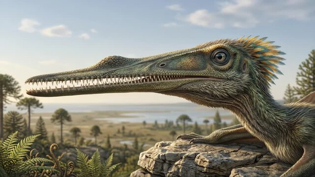 Gnathosaurus (Gnathosaurus subulatus), Jurassic ctenochasmatid pterosaur, scientifically accurate representation, needle-like teeth, rock