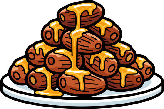 Delicious Dates Pile with Golden Honey Drizzle on White Plate