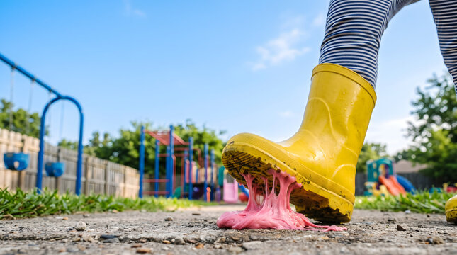 Child wearing yellow rubber rain boot stepping on sticky pink bubblegum on a concrete path with a playground in the background.