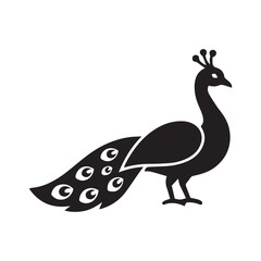 Fototapeta premium Peacock Vector Silhouette Icon, Side Profile of Male Bird with Decorative Fanned Tail Feathers