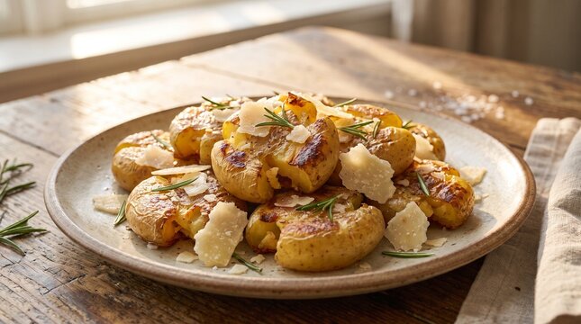 crispy smashed baby potatoes with parmesan cheese garlic butter and fresh herbs on rustic ceramic plate gourmet vegetarian side dish comfort food photography
