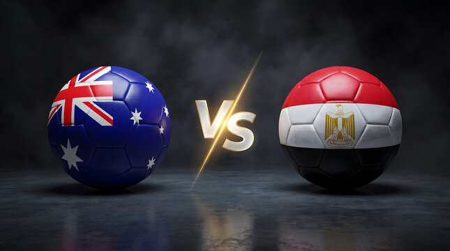 Hyper Realistic Studio Shot of Australia and Egypt Flag Soccer Balls with Gold VS Logo