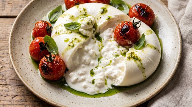 creamy burrata cheese with roasted cherry tomatoes basil pesto and olive oil on rustic ceramic plate gourmet italian appetizer fresh food photography